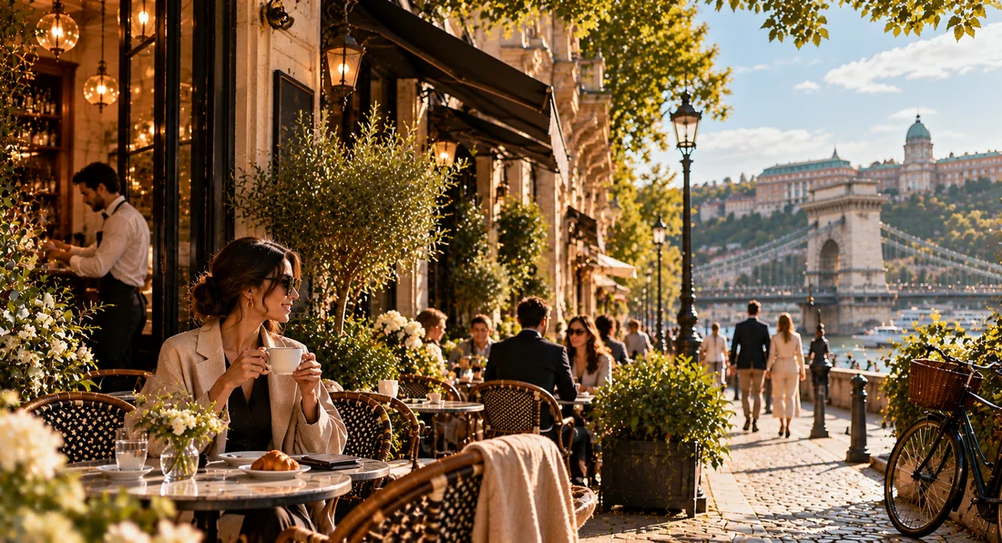 A woman enjoying coffee on a Budapest café terrace beside the Danube