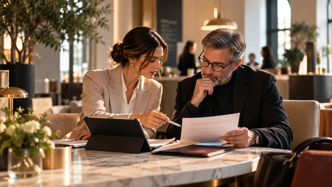 A personal assistant helping a client review documents at a café in Budapest
