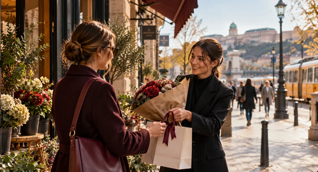 A bouquet and shopping bag being handed to a client outside a flower shop