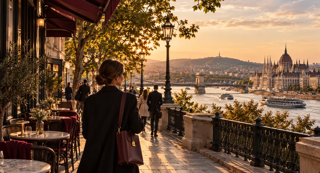 A woman walking beside a Budapest café, with the Danube and Parliament in the background